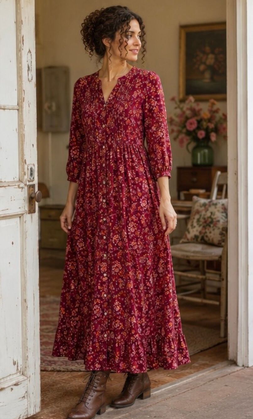 April Cornell Burgundy Floral Prairie Maxi Dress Pintuck Boho Cottagecore Size S - Picture 3 of 12